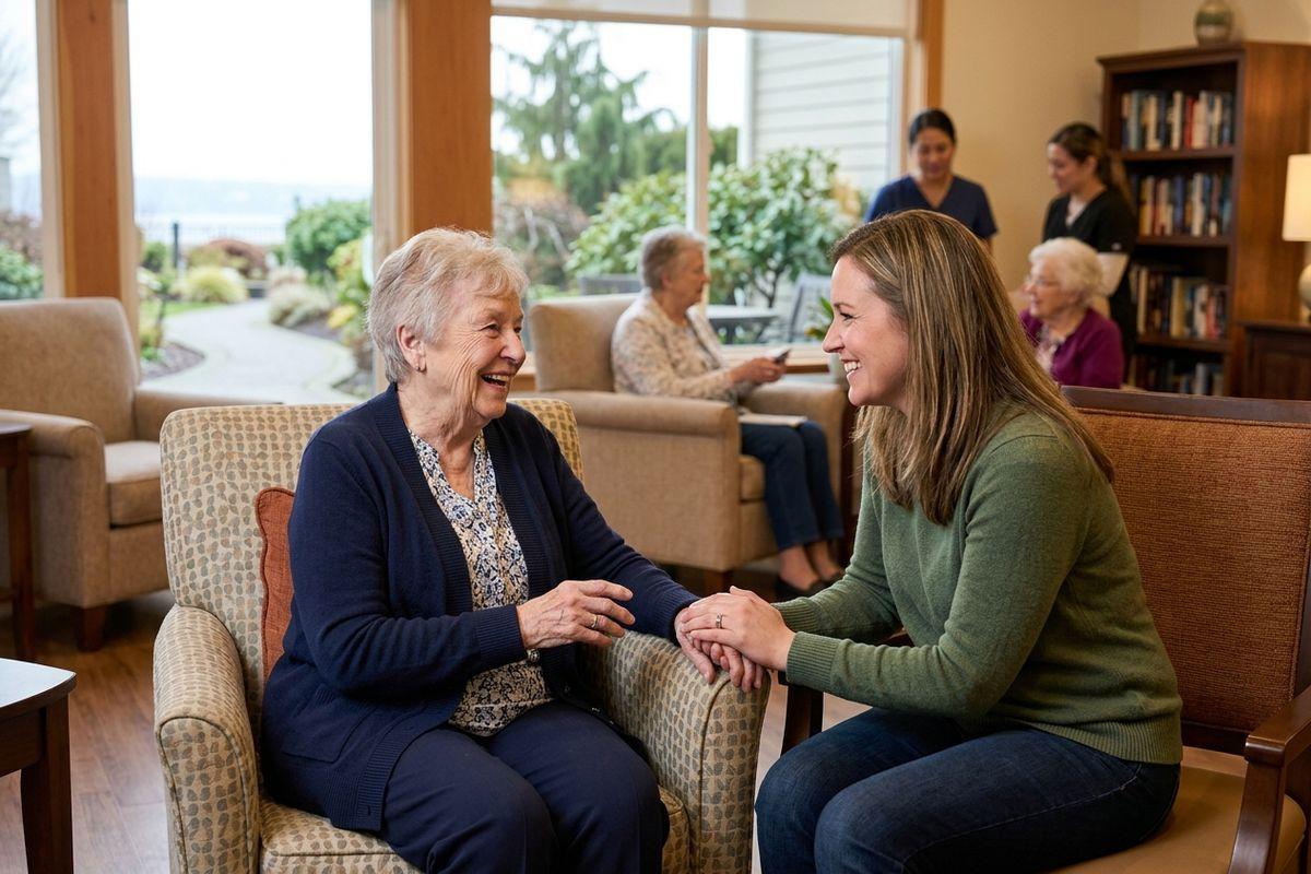 A younger adult holds an older adult's hand, both smiling, in a senior living community lounge with people and staff in the background.