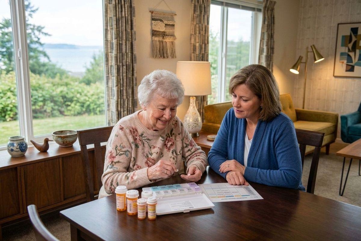 Two adults at a table sorting pills into a weekly organizer, with medication bottles and a chart in front of them.
