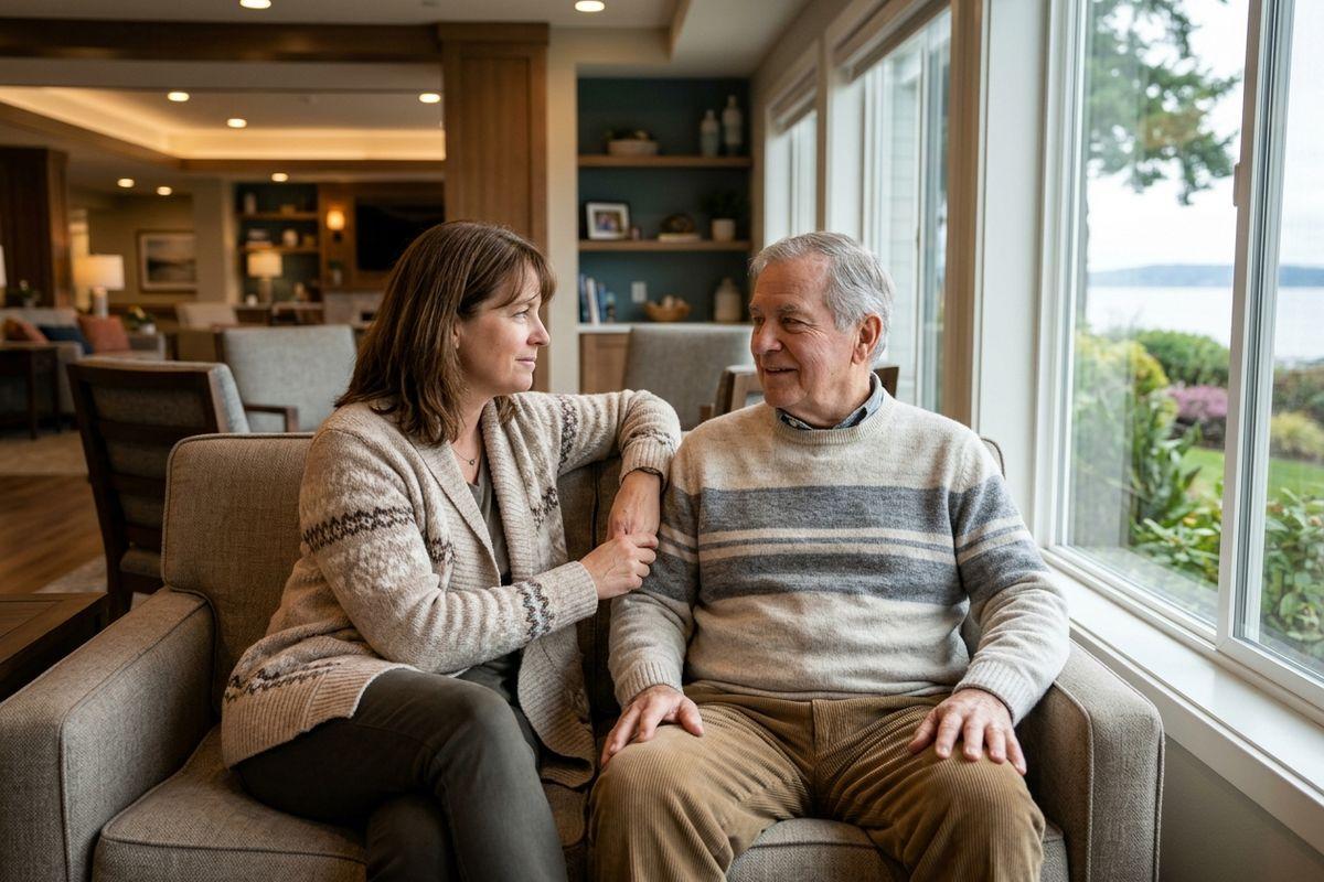 An adult and an older person sit close on armchairs by a window, talking to teach each other, in a living room with a water view.
