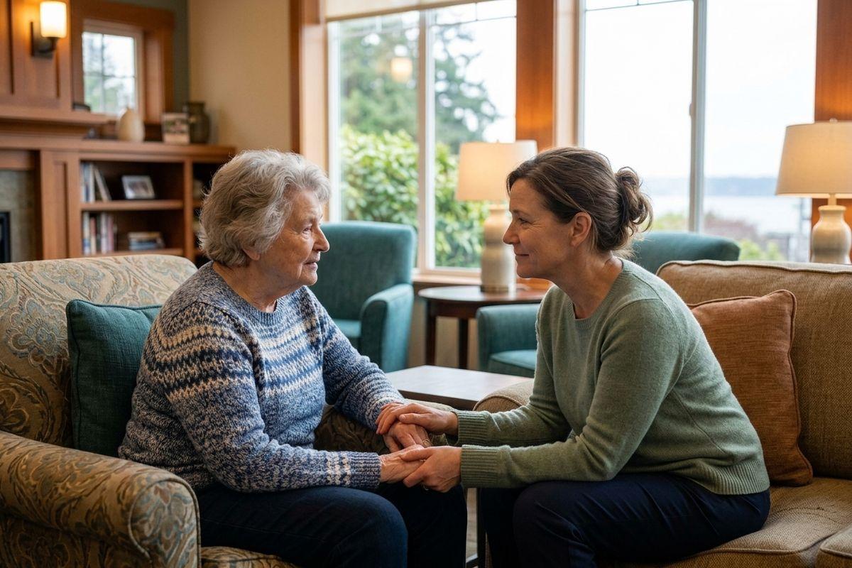 An older adult and a younger adult clasp hands on patterned sofas, looking at each other warmly.