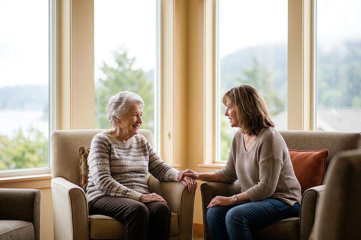 Two adults sit in armchairs holding hands and smiling at each other, beside windows overlooking trees and water.