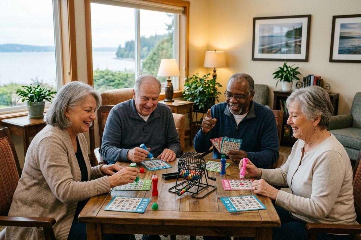 Four older adults smile while playing bingo at a wooden table with cards, daubers, and a cage, near a window with a water view.
