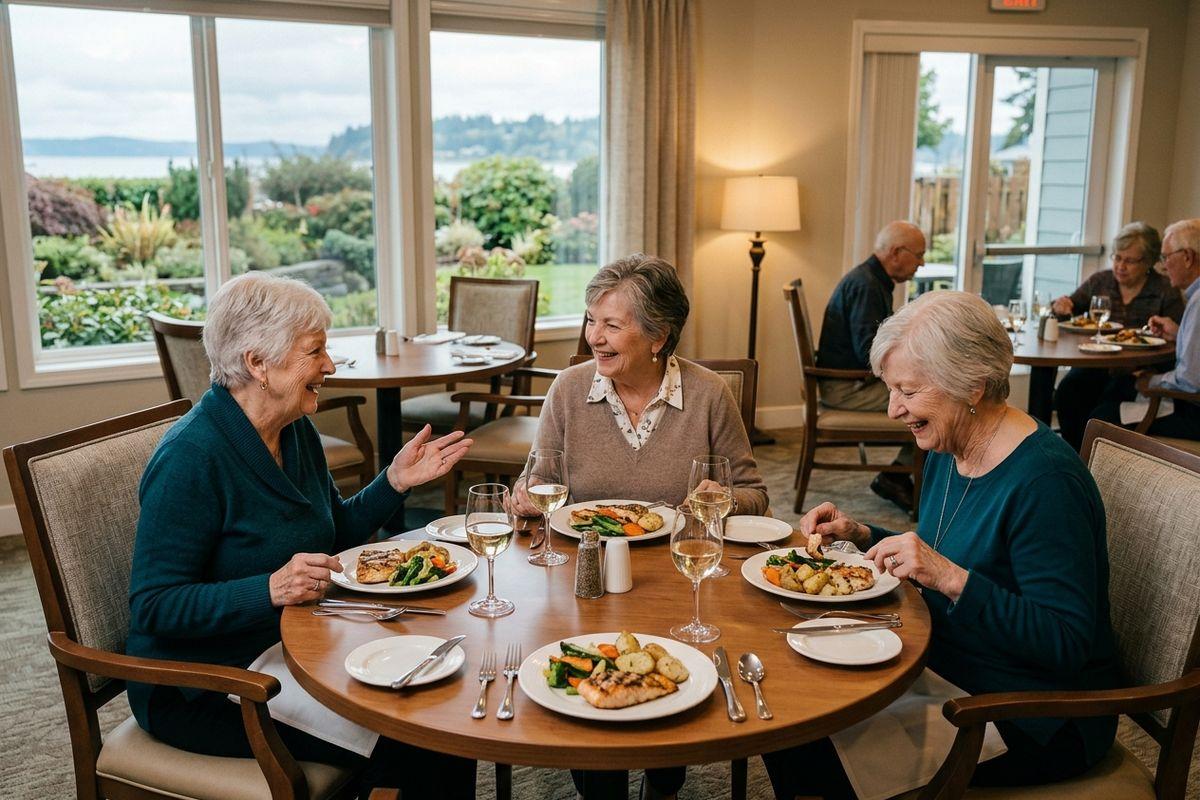 Three older adults smile and chat over a meal with wine at a dining table by large windows overlooking a garden.