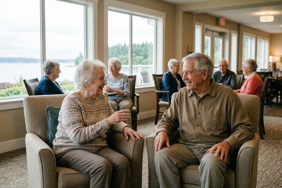 Two older adults sit in armchairs smiling at each other, with other people seated by large windows overlooking water in the background.
