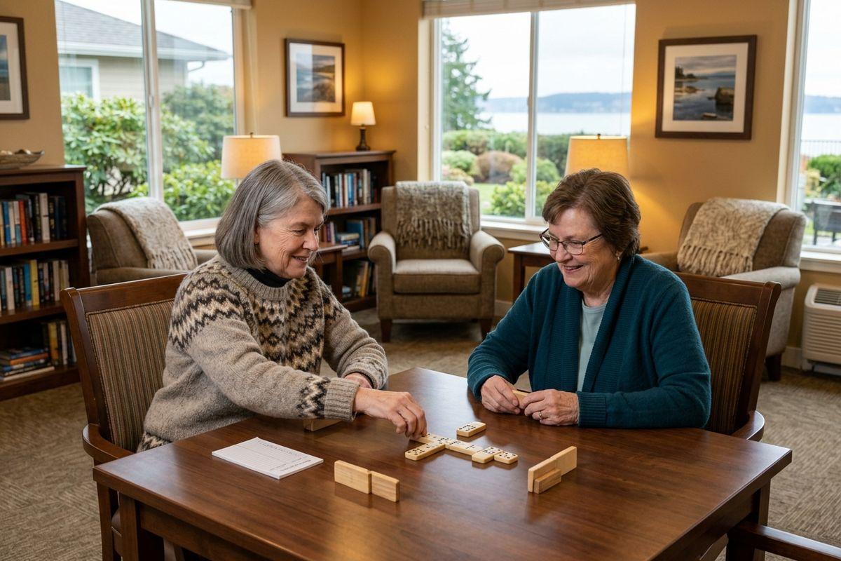 Two older adults smile as they play dominoes at a wooden table in a sunlit room with armchairs and bookshelves.
