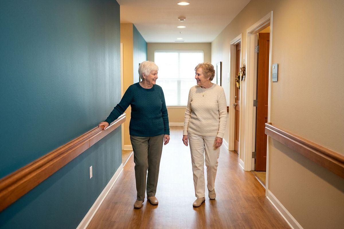A pair of older adults walk down a hallway together, smiling at each other, one holding a handrail.