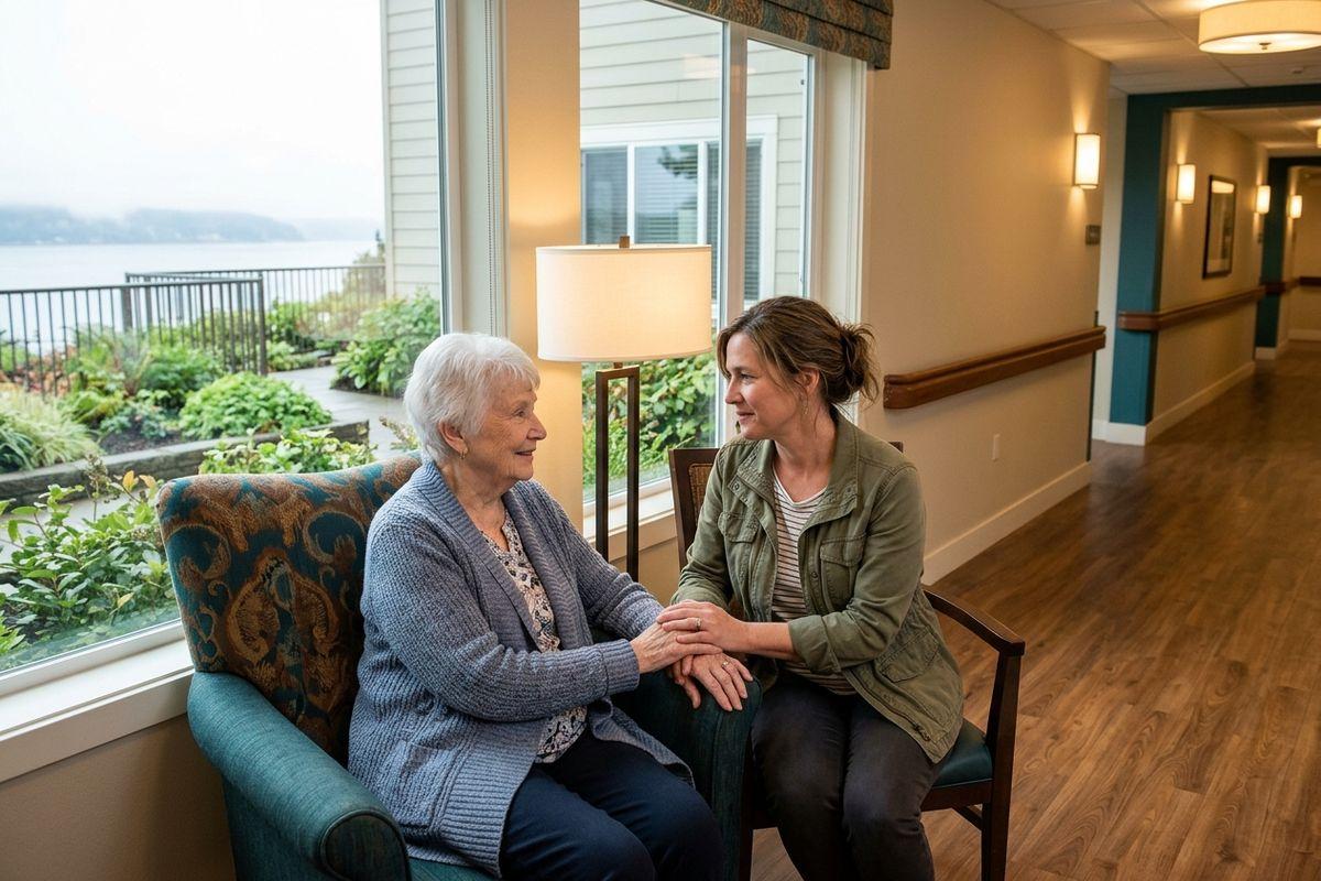 A younger adult holds hands with an older adult seated in armchairs by a window, and they smile at each other in a community hallway.